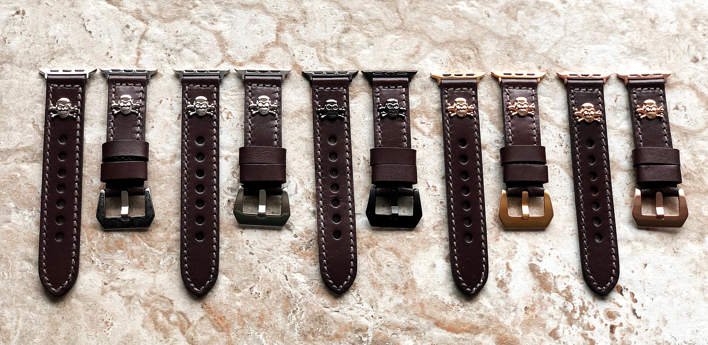 Apple Watch Band Brown Leather with Metal Rivets Skull Crossbones for Ultra 2 & 9 8 Series iWatch 41mm 45mm 49mm Handmade Bracelet Strap AL